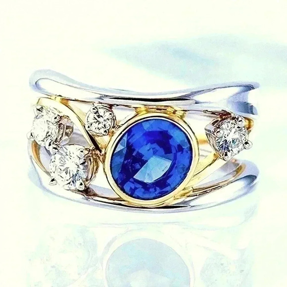 Gorgeous 14k Gold 925 Silver Blue Sapphire Diamond Ring - Picture 1 of 7